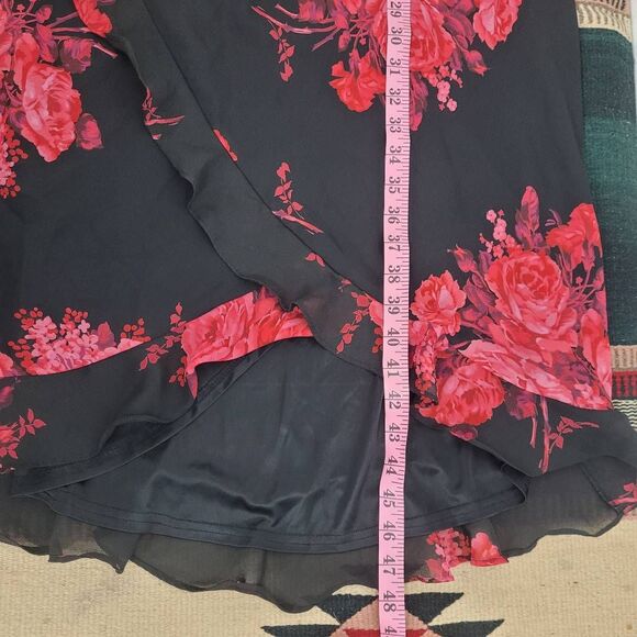Y2K Express Midi Slip Dress Sz 7/8 Black Red Floral Ruffle High Low Dark Romanti - Picture 9 of 10